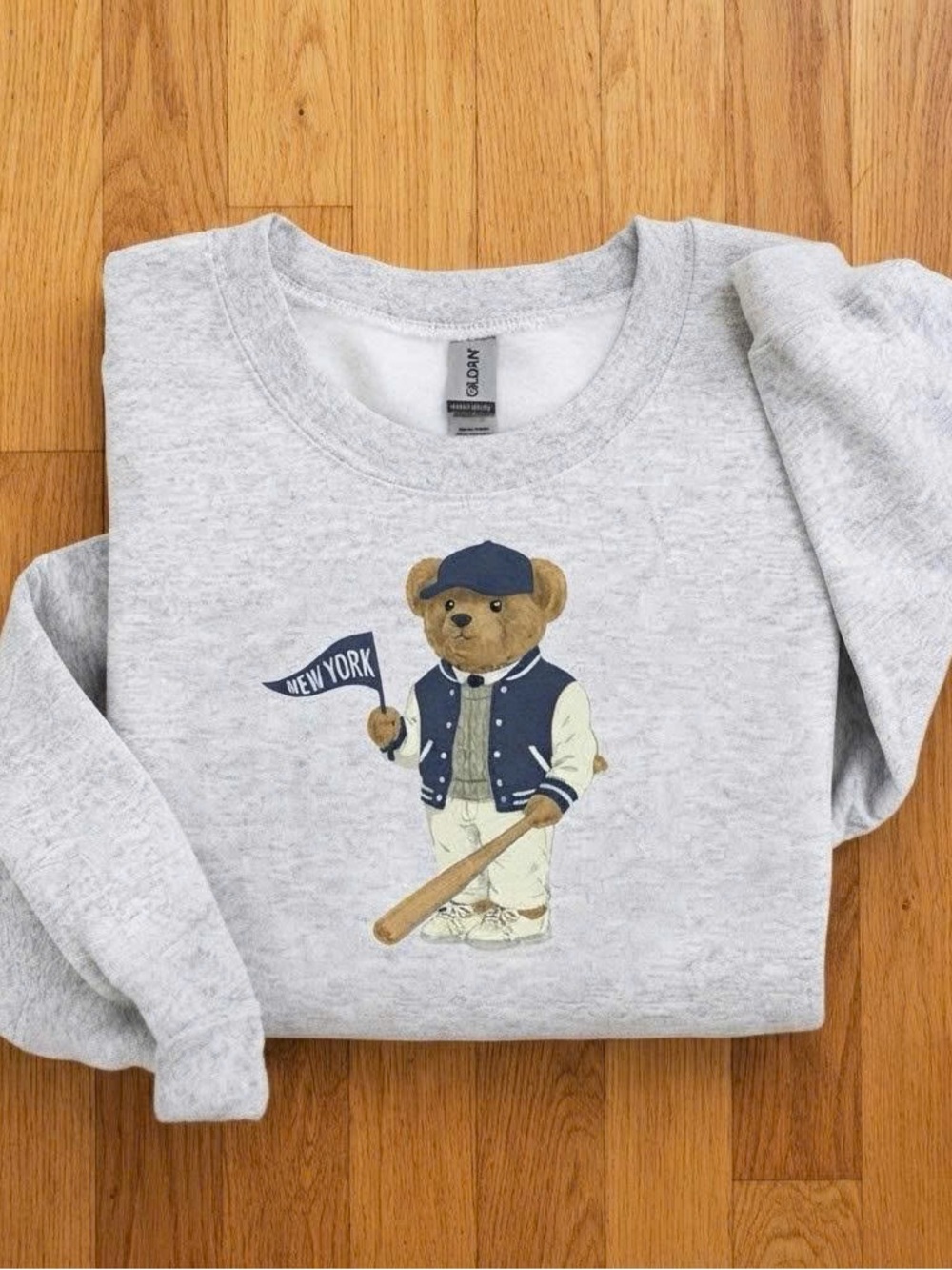 Vintage Light Heather Gray Sweatshirt with Navy and Tan Bear New York Graphic